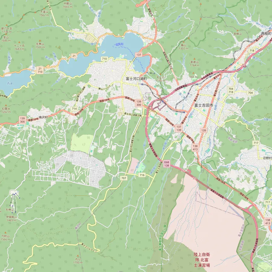 Map of Lake Kawaguchi, Fujiyoshida, Narusawa, Oshino and Lake Yamanaka with Kawaguchiko Station, Fuji Lake Hotel, Ubuya, Fujiyama Onsen, Yurari, Fujiten, Oshino Hakkai and Benifuji no Yu
